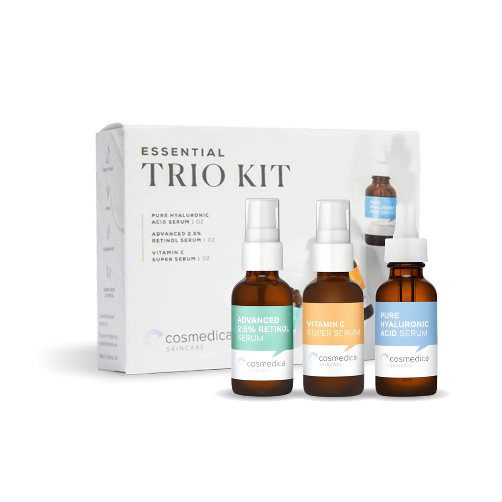 Cosmedica Skincare Facial Serum Trio – Vitamin C, Retinol 2.5%, Hyaluronic Acid