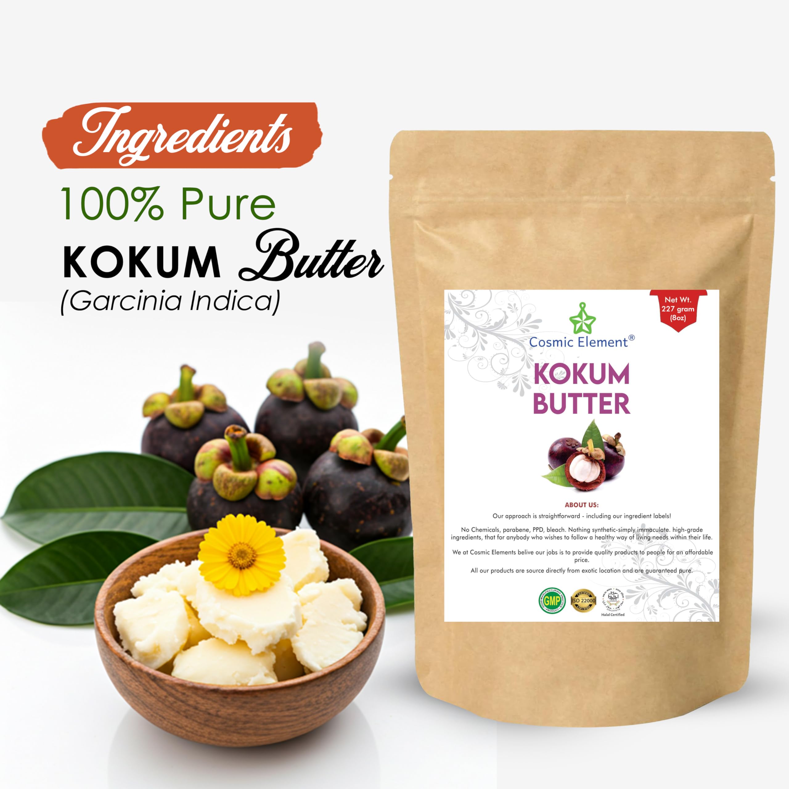 Cosmic Element Raw Organic Kokum Butter – Light, Firm Skin Butter for Soap, Lotion Bars & Lip Balm | 8 Oz