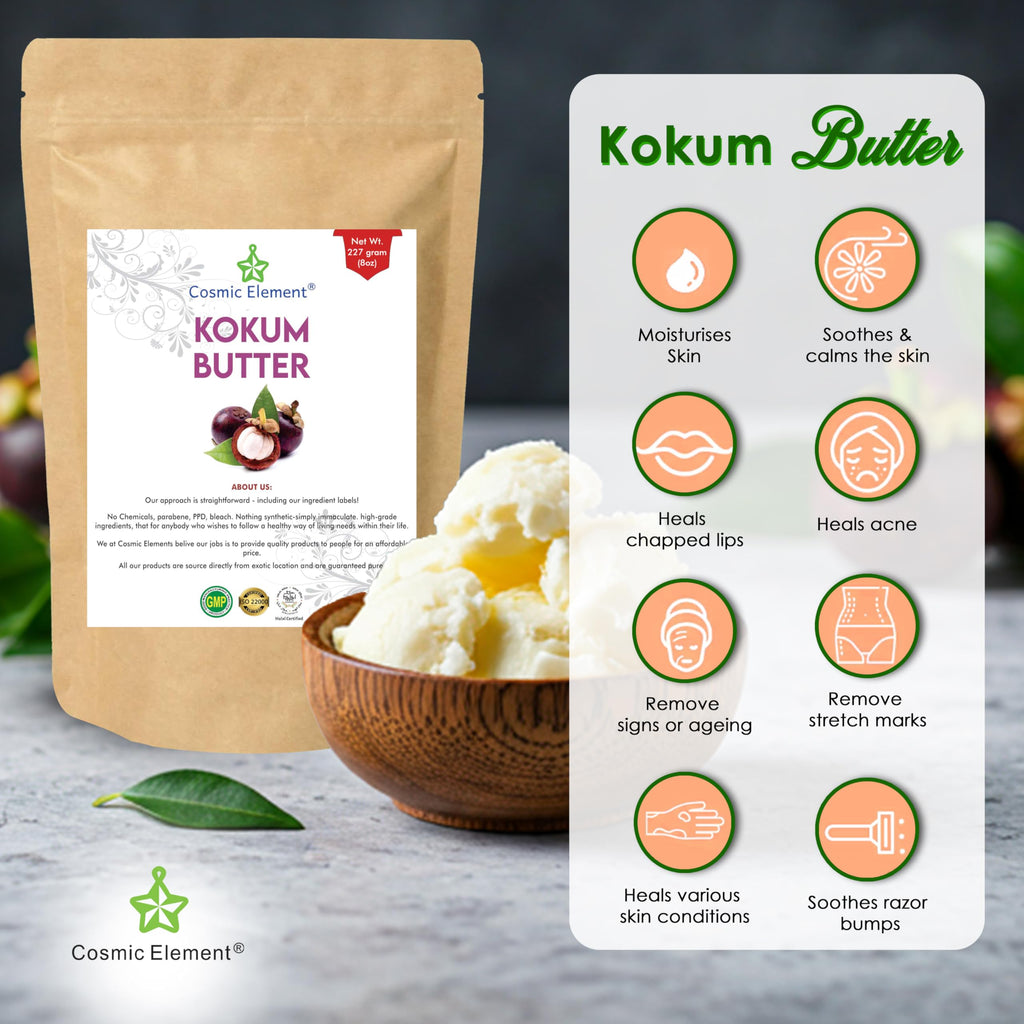 Cosmic Element Raw Organic Kokum Butter – Light, Firm Skin Butter for Soap, Lotion Bars & Lip Balm | 8 Oz