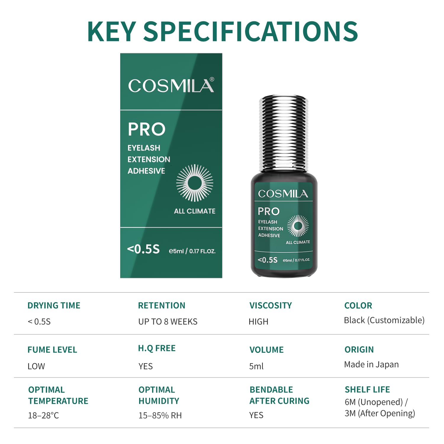 COSMILA Pro Eyelash Extension Glue – HQ Free, 99.8% Japan Monomer, All-Climate, 8 Weeks Retention – 5ml