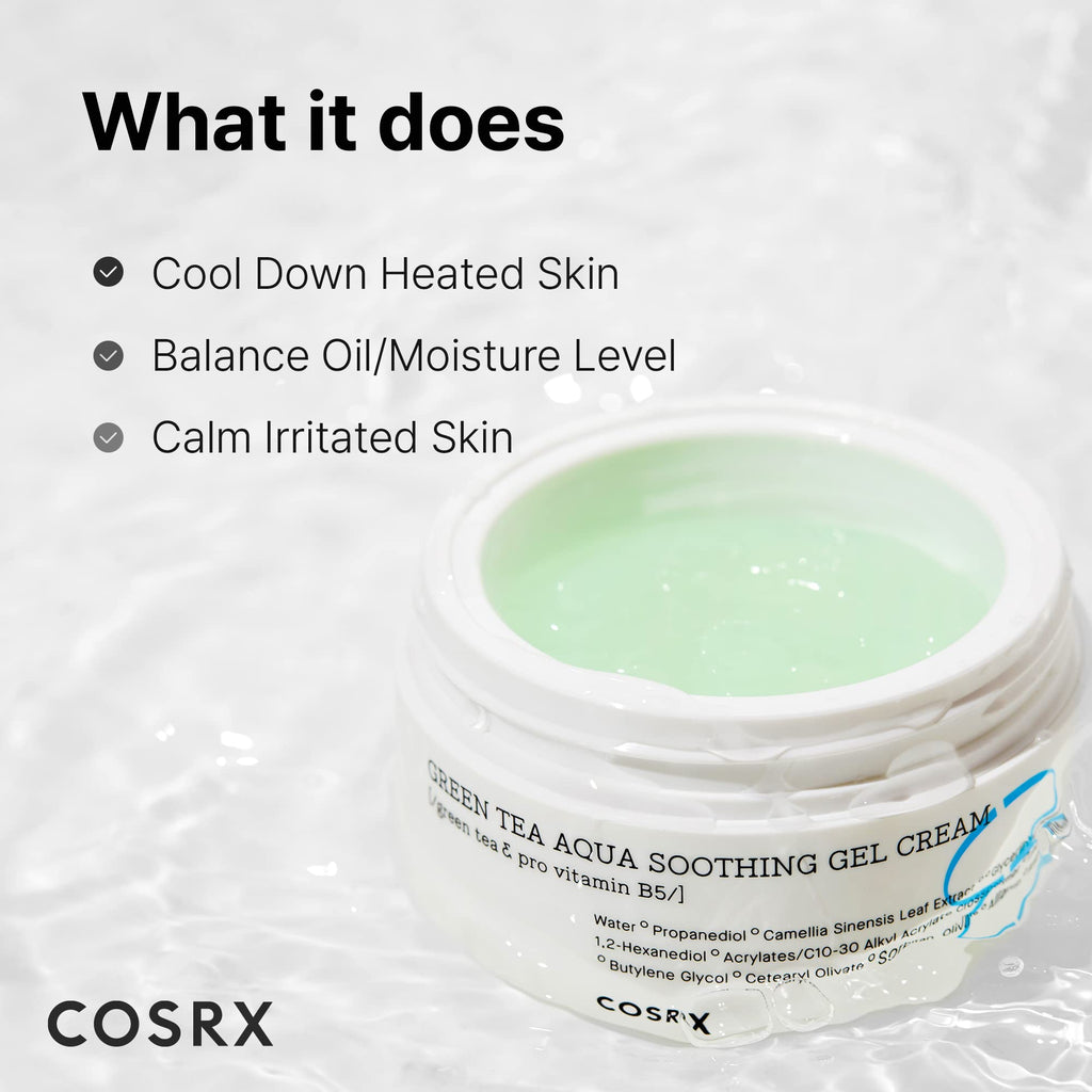COSRX Hydrium Green Tea Aqua Gel Cream — Lightweight 50ml, Aloe & Camellia, Paraben Free