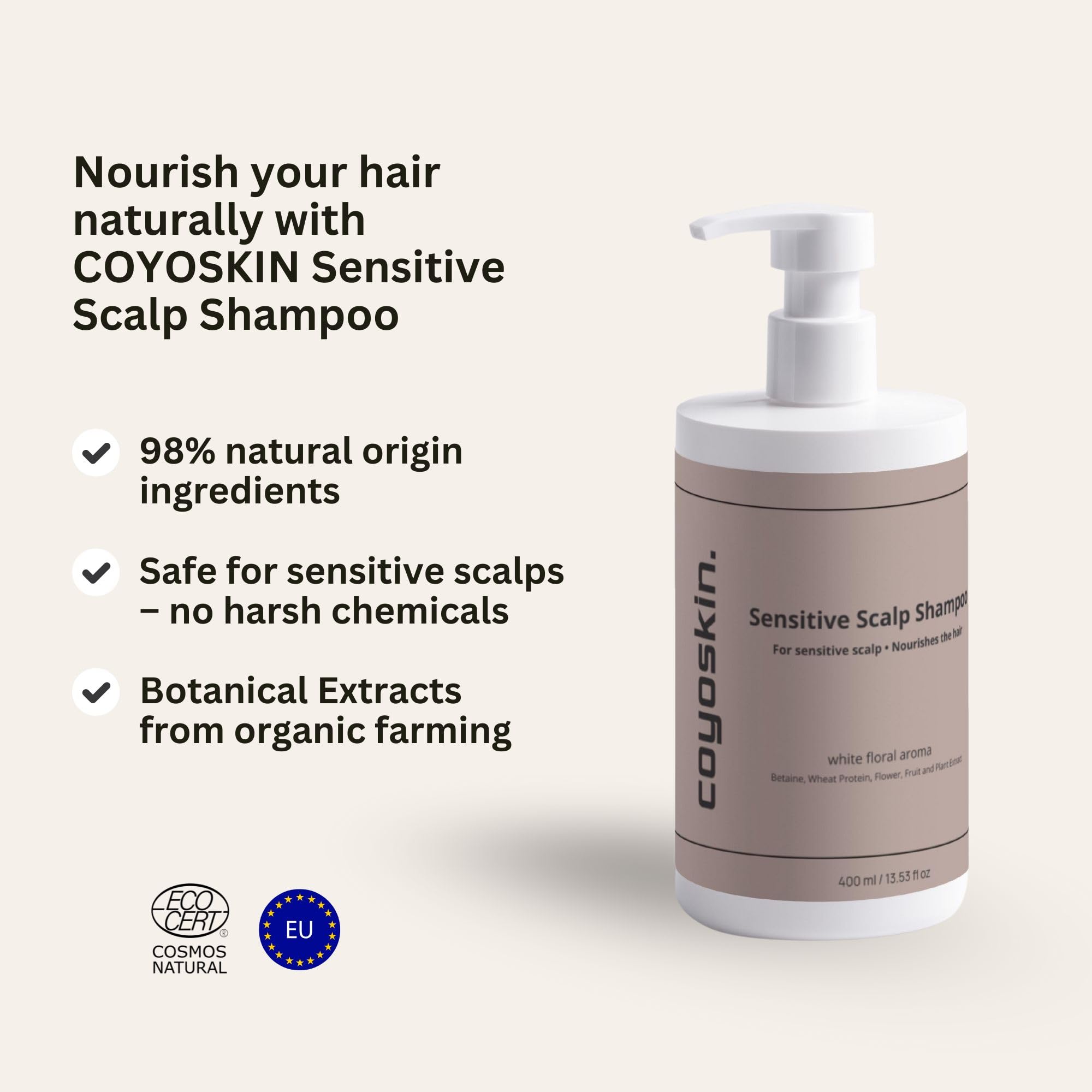 COYOSKIN Sensitive Scalp Shampoo – Gentle, SLS-Free Cleanser for Dry & Reactive Skin | ECOCERT Certified 400ml