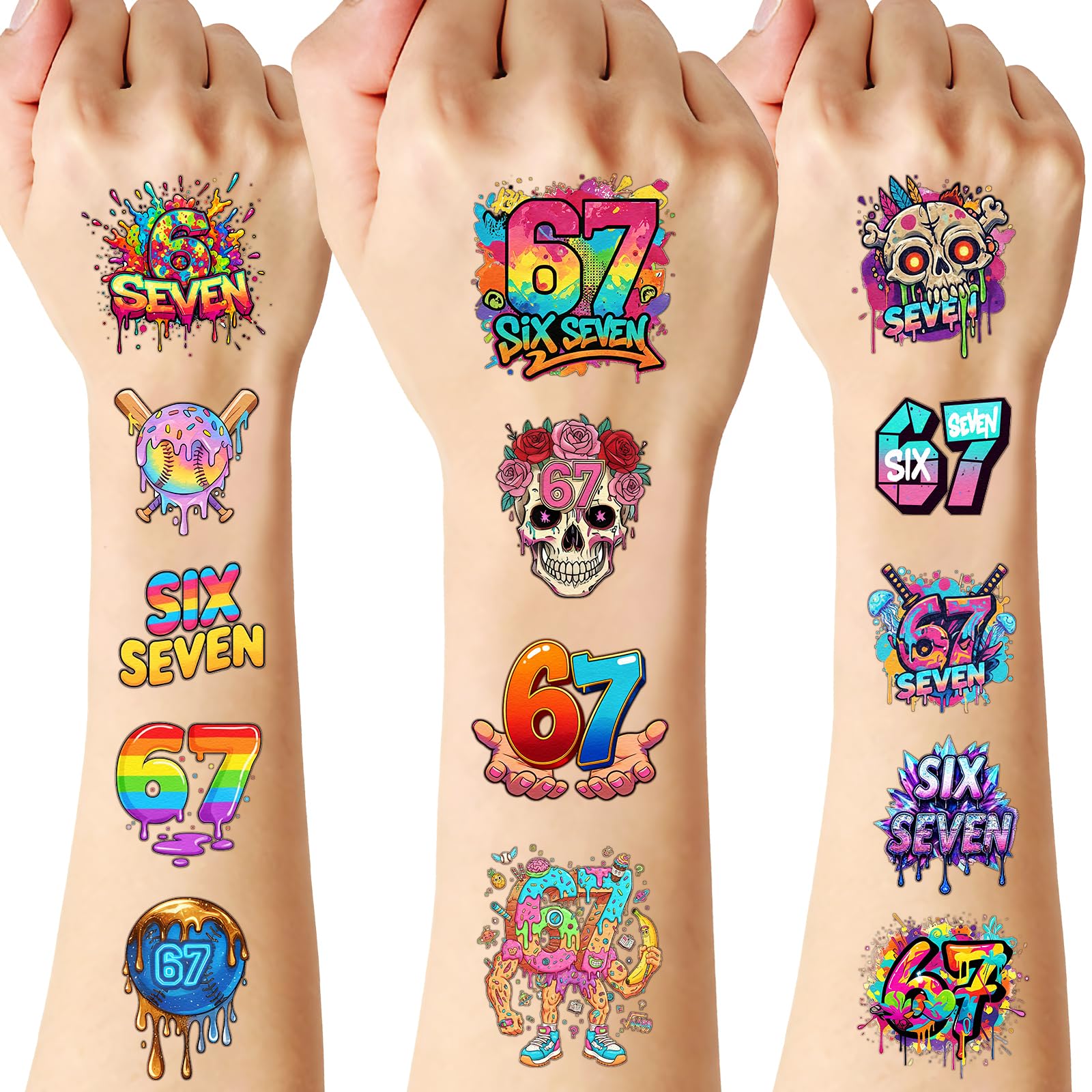 CozyNuukee 180PCS 6-7 Temporary Tattoos – Drip Baseball & Ice Cream Party Decor (15 Sheets, 60 Styles)