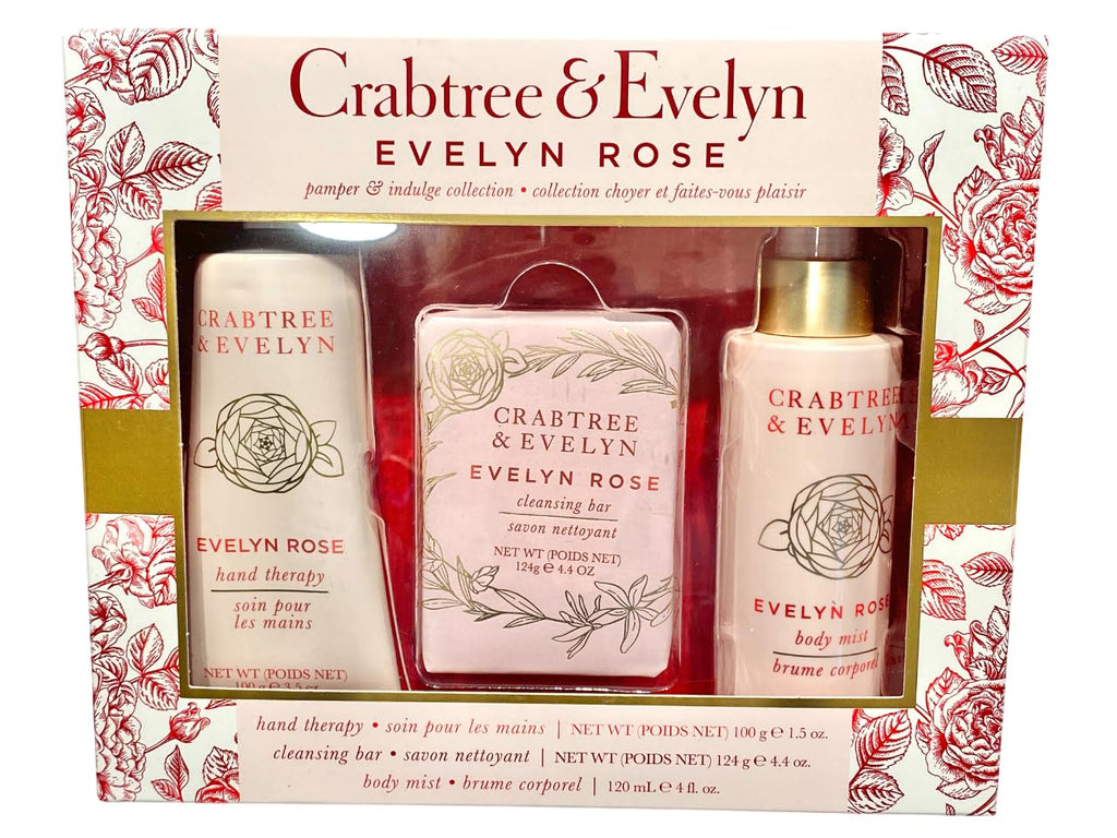 Crabtree & Evelyn Evelyn Rose Gift Set – Hand Therapy, Bar Soap & Body Mist (Full Size)