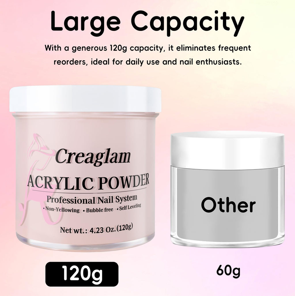 Creaglam Acrylic Powder 120g – No Lamp Needed for Nail Extensions | Bubble-Free Formula for 3D Art & Long-Lasting Manicures
