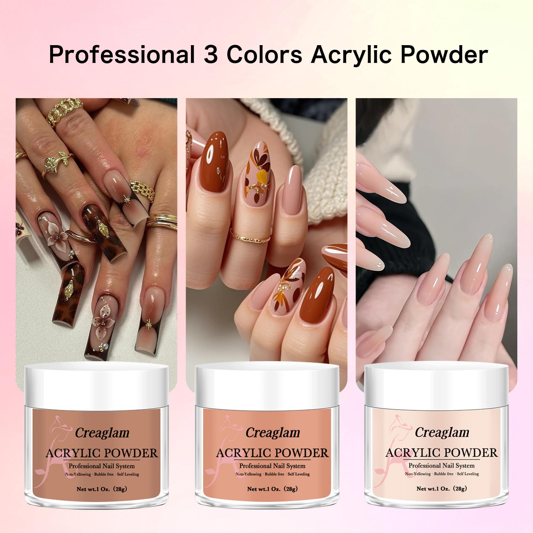 Creaglam Super Acrylic Powder 28g (3 Colors) Imperial Topaz, Carnelian & Autumn Blonde for 3D Nail Art – No Lamp Needed
