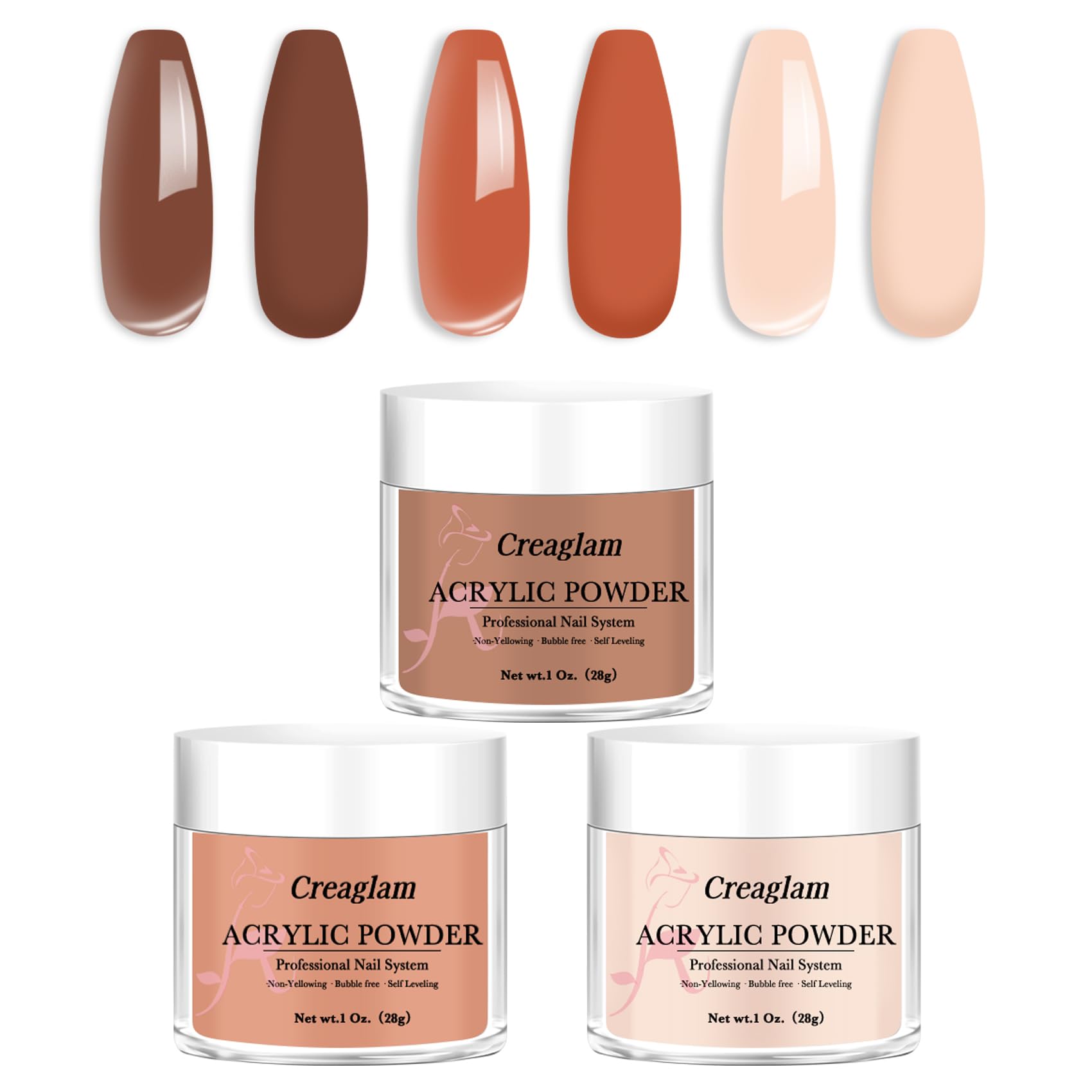 Creaglam Super Acrylic Powder 28g (3 Colors) Imperial Topaz, Carnelian & Autumn Blonde for 3D Nail Art – No Lamp Needed