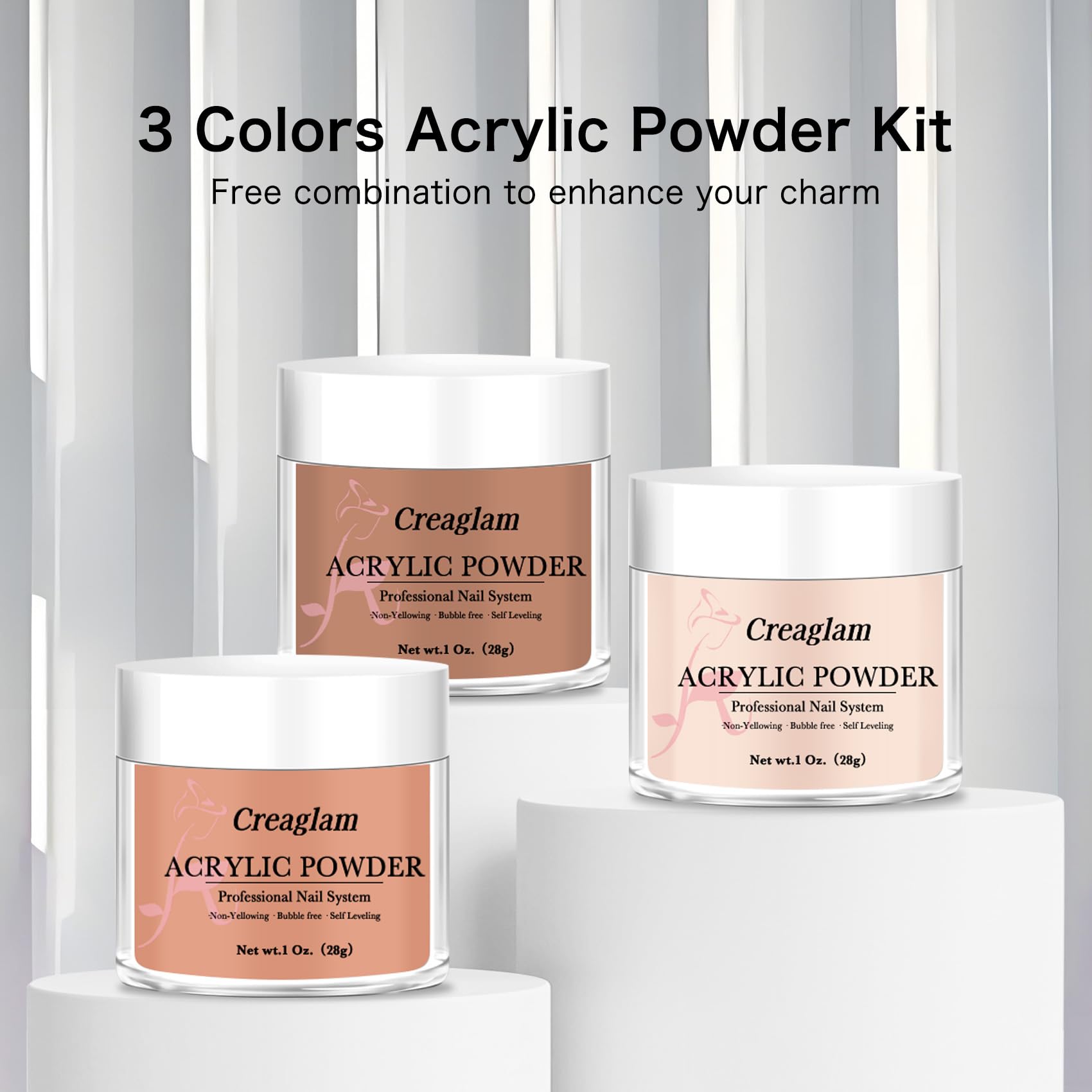 Creaglam Super Acrylic Powder 28g (3 Colors) Imperial Topaz, Carnelian & Autumn Blonde for 3D Nail Art – No Lamp Needed