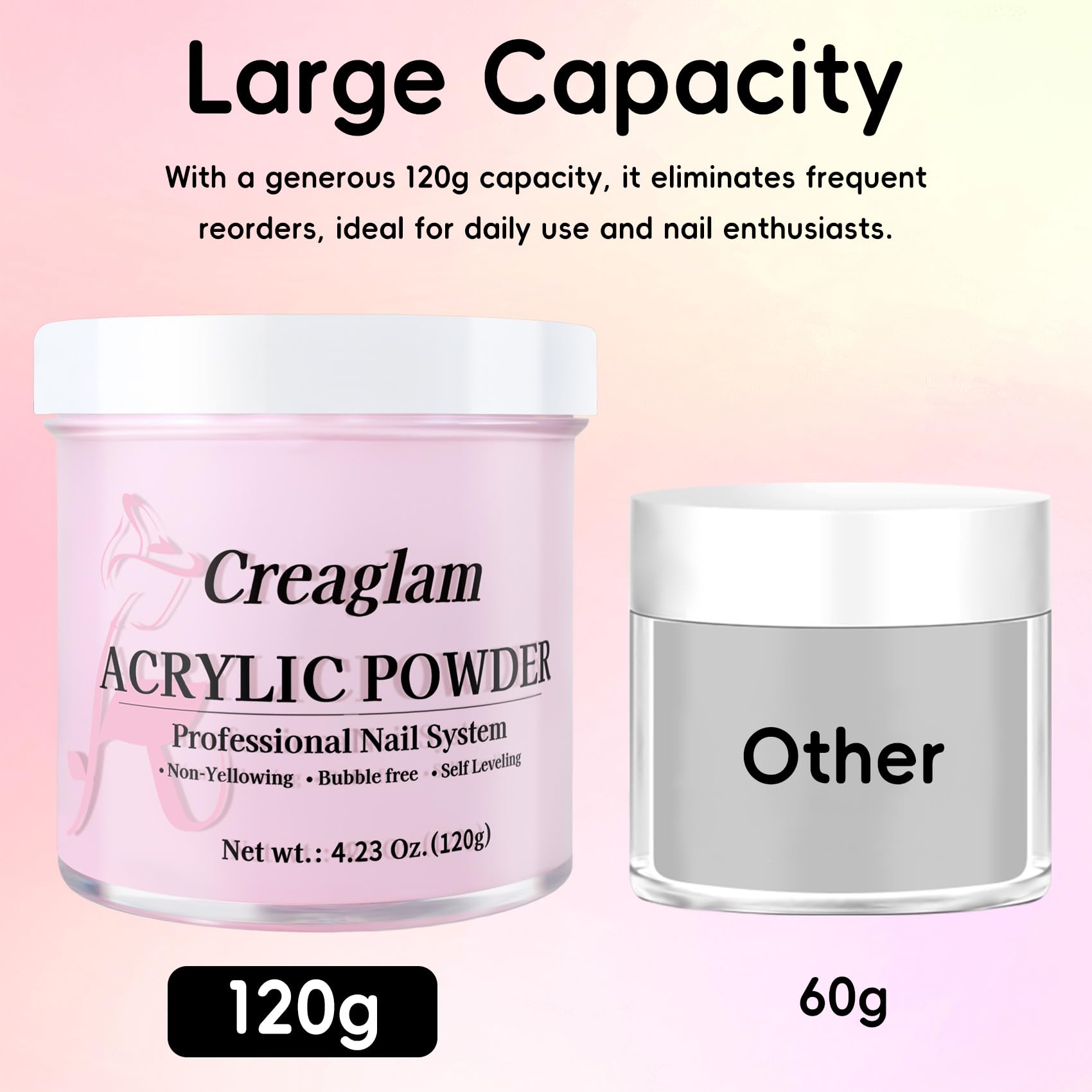 Creaglam Acrylic Powder 120g | No Lamp Needed for Nail Extensions | Bubble-Free Formula