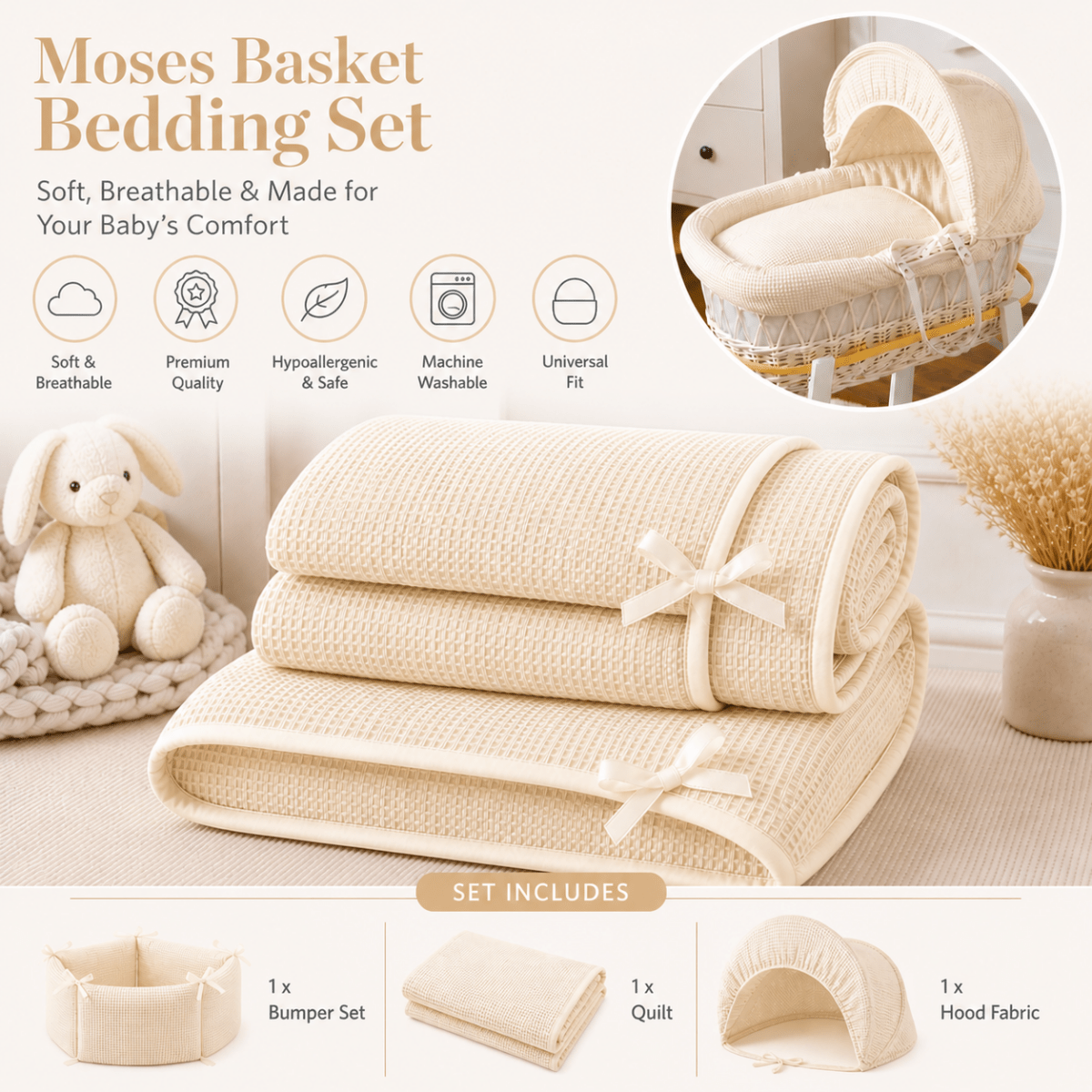 Cream Waffle Moses Basket Bedding Set (Basket Not Included!)