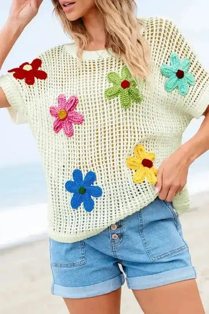 Flower Embroidered Crochet Knit Top Women UK