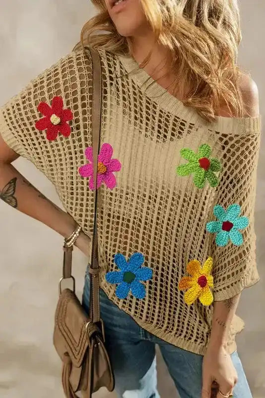 Flower Embroidered Crochet Knit Top Women UK