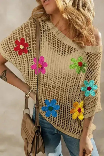 Flower Embroidered Crochet Knit Top Women UK