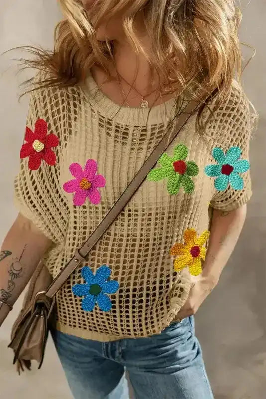 Flower Embroidered Crochet Knit Top Women UK