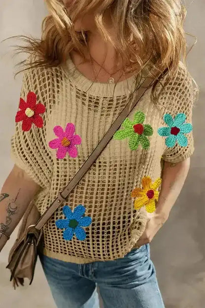 Flower Embroidered Crochet Knit Top Women UK