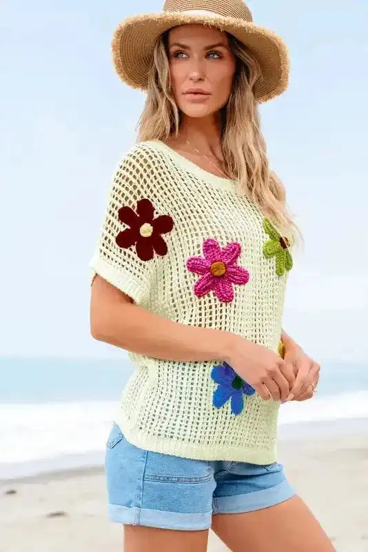 Flower Embroidered Crochet Knit Top Women UK