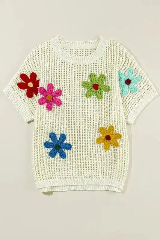 Flower Embroidered Crochet Knit Top Women UK