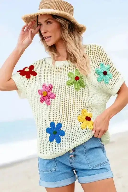 Flower Embroidered Crochet Knit Top Women UK
