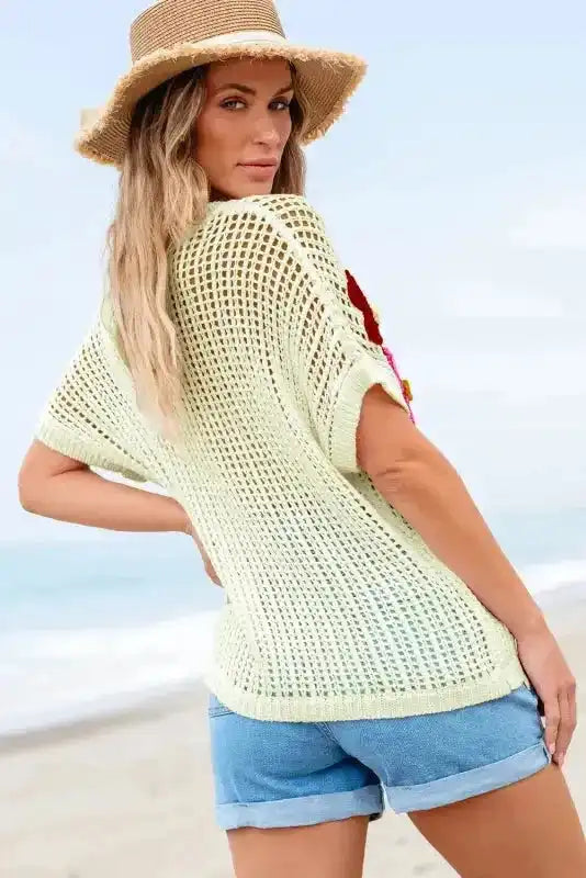 Flower Embroidered Crochet Knit Top Women UK