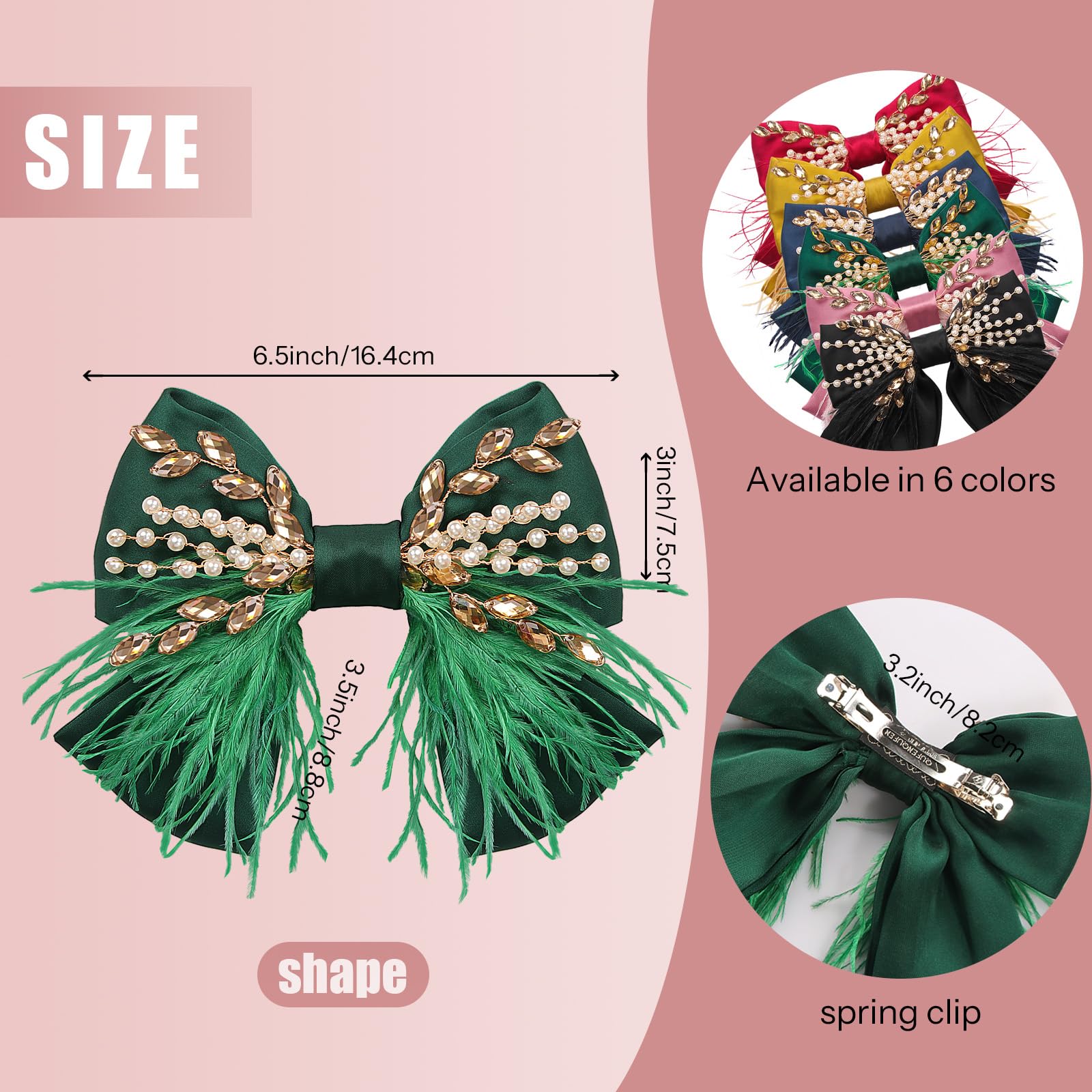 CROWN GUIDE Large Green Hair Bows Clips – Satin Silk, Pearl Crystals