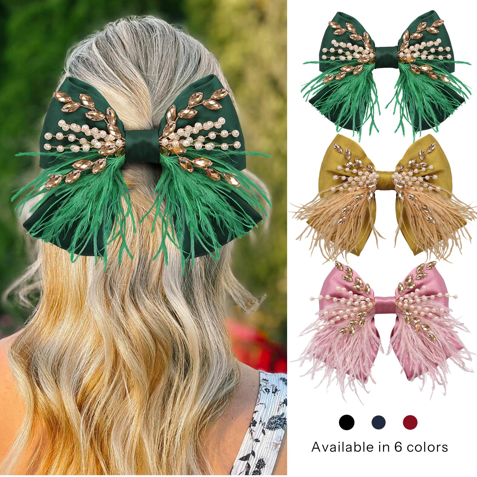 CROWN GUIDE Large Green Hair Bows Clips – Satin Silk, Pearl Crystals