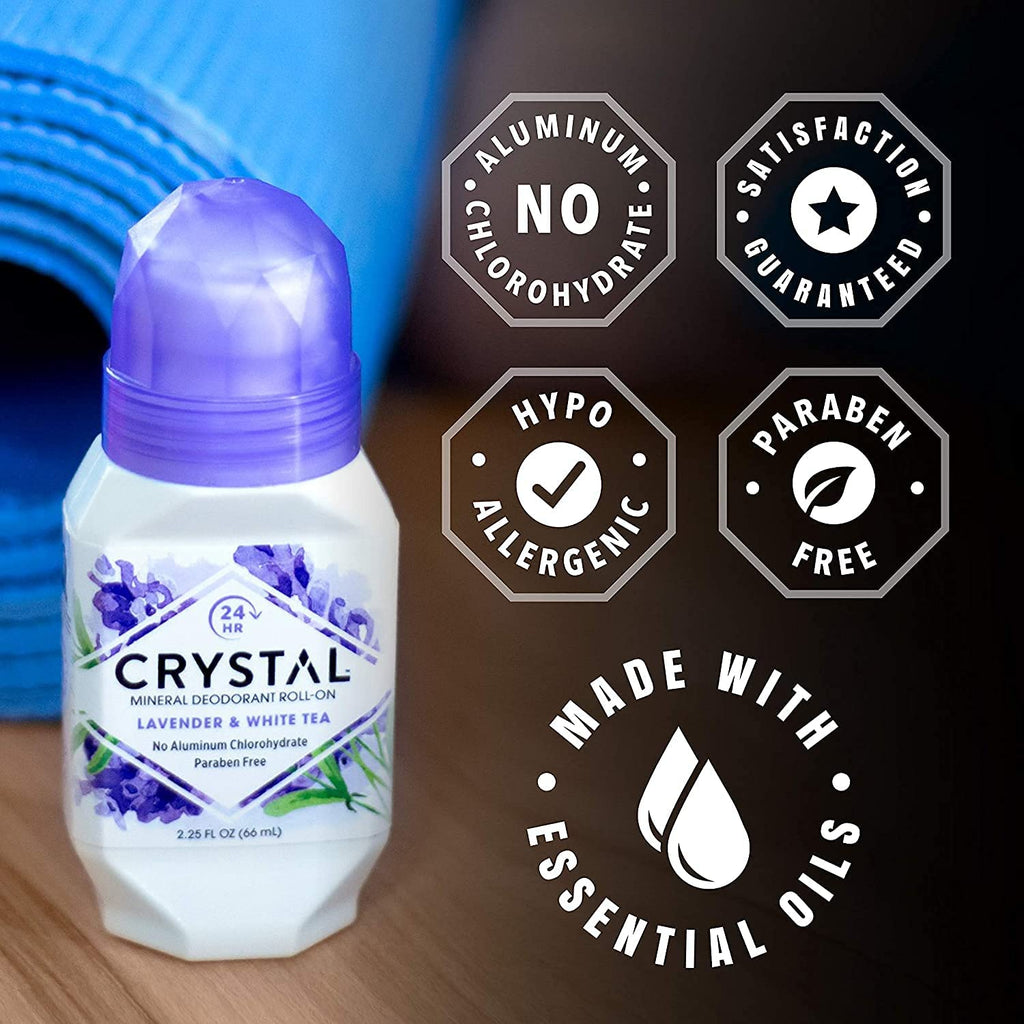 Crystal Essence Mineral Deodorant Roll-On – Lavender & White Tea, Pack of 5