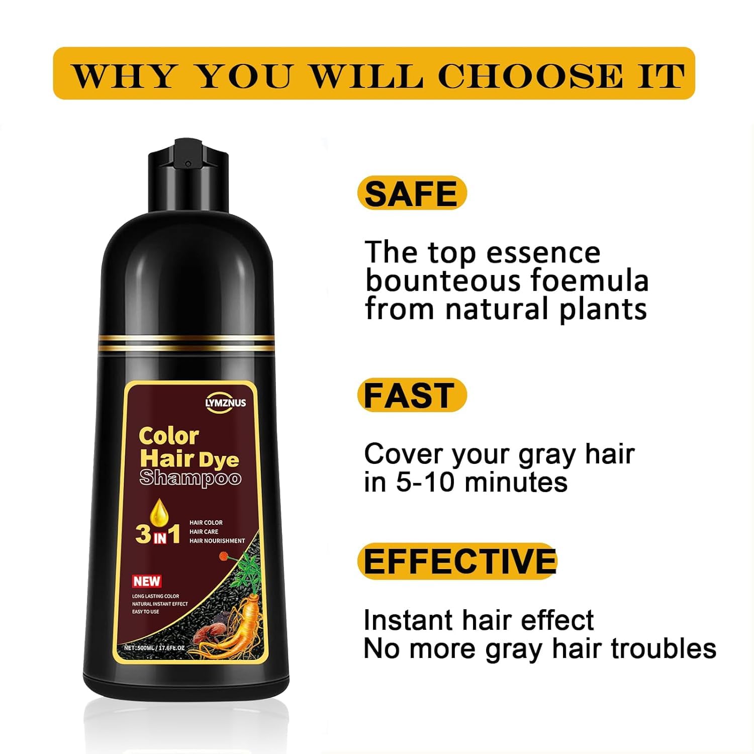 CSFDXD Dark Chocolate Hair Dye Shampoo 3-in-1 — 100% Gray Coverage, 500ml