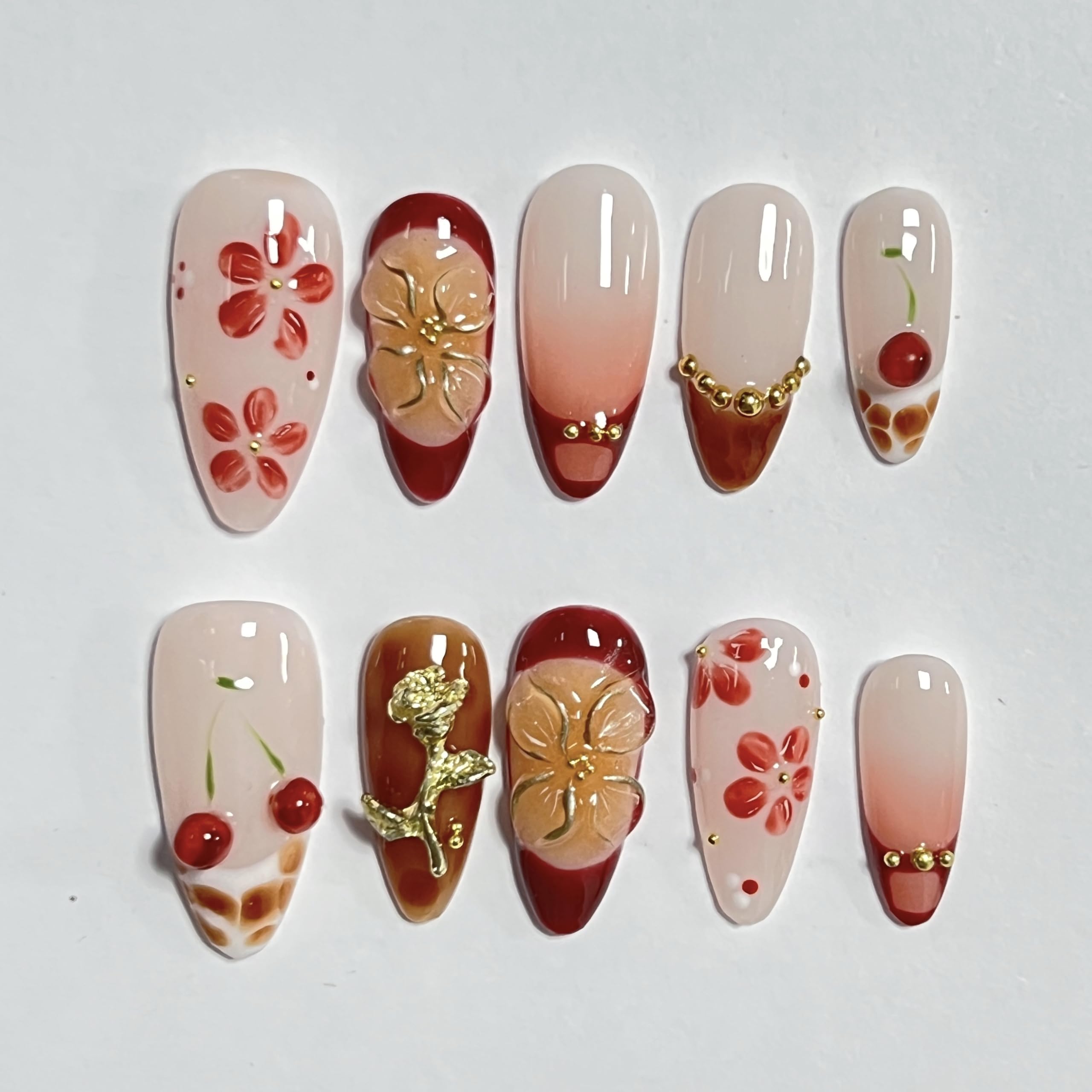CTTHNBD Almond Press On Nails Medium – 3D Gold Flower Design | Winter Cherry Full Cover Glue On Nails