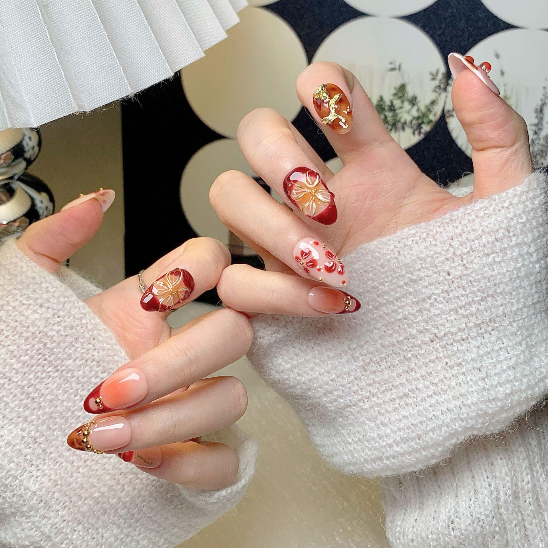 CTTHNBD Almond Press On Nails Medium – 3D Gold Flower Design | Winter Cherry Full Cover Glue-On Nails (Size M)