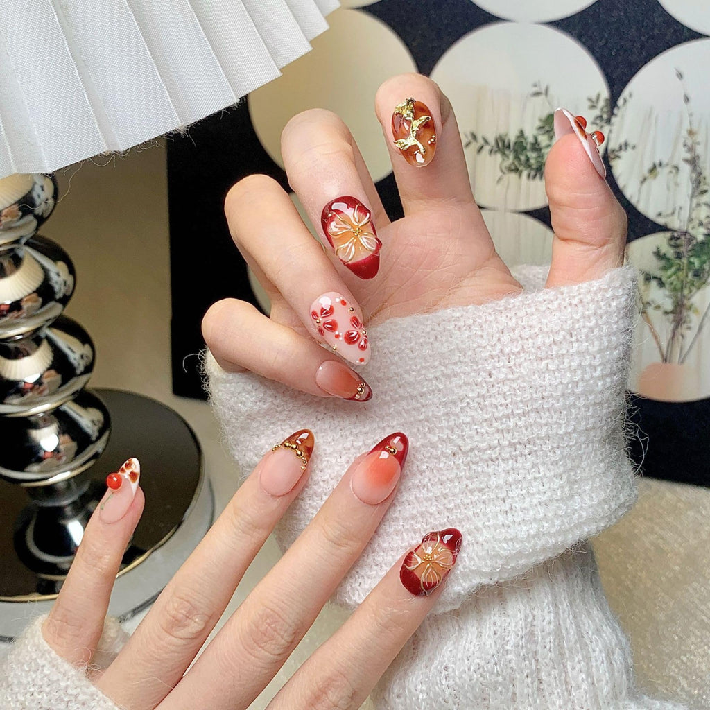 CTTHNBD Almond Press On Nails Medium – 3D Gold Flower Design | Winter Cherry Full Cover Glue-On Nails (Size M)