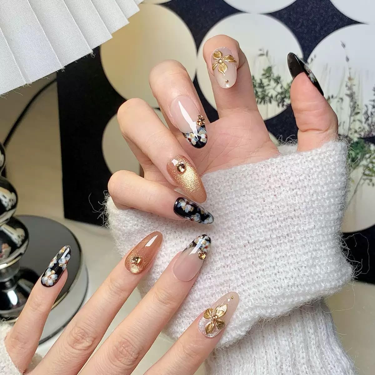 CTTHNBD Medium Almond Nails with Flower Design – Handmade Press On Nails (Size M) – Black, Gold & French Tip