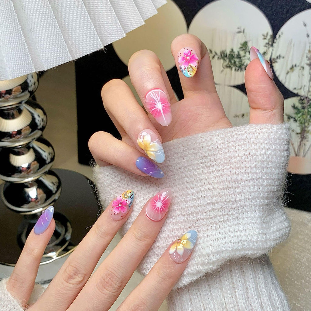 CTTHNBD Medium Press On Nails Almond – Flower Design, Size S