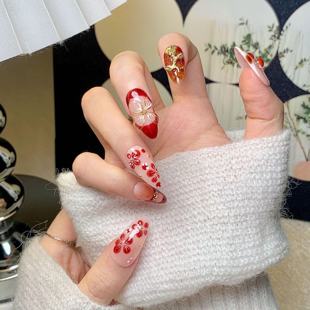 CTTHNBD Almond Press On Nails Medium – 3D Gold Flower Design | Winter Cherry Full Cover Glue On Nails