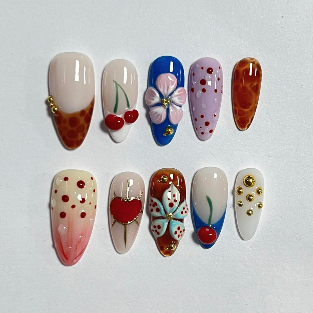 CTTHNBD Almond Press on Nails Medium – Cherry Heart Design, Winter Full Cover Stick-On Nails