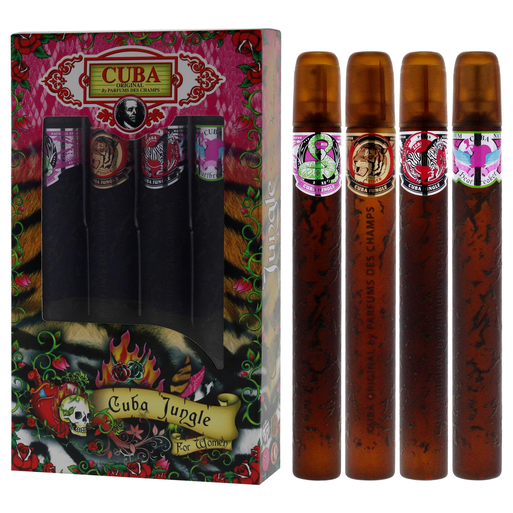 Cuba Jungle 4-Piece Gift Set for Women – Snake, Tiger, Zebra & Heartbreaker EDP 1.17 oz Each