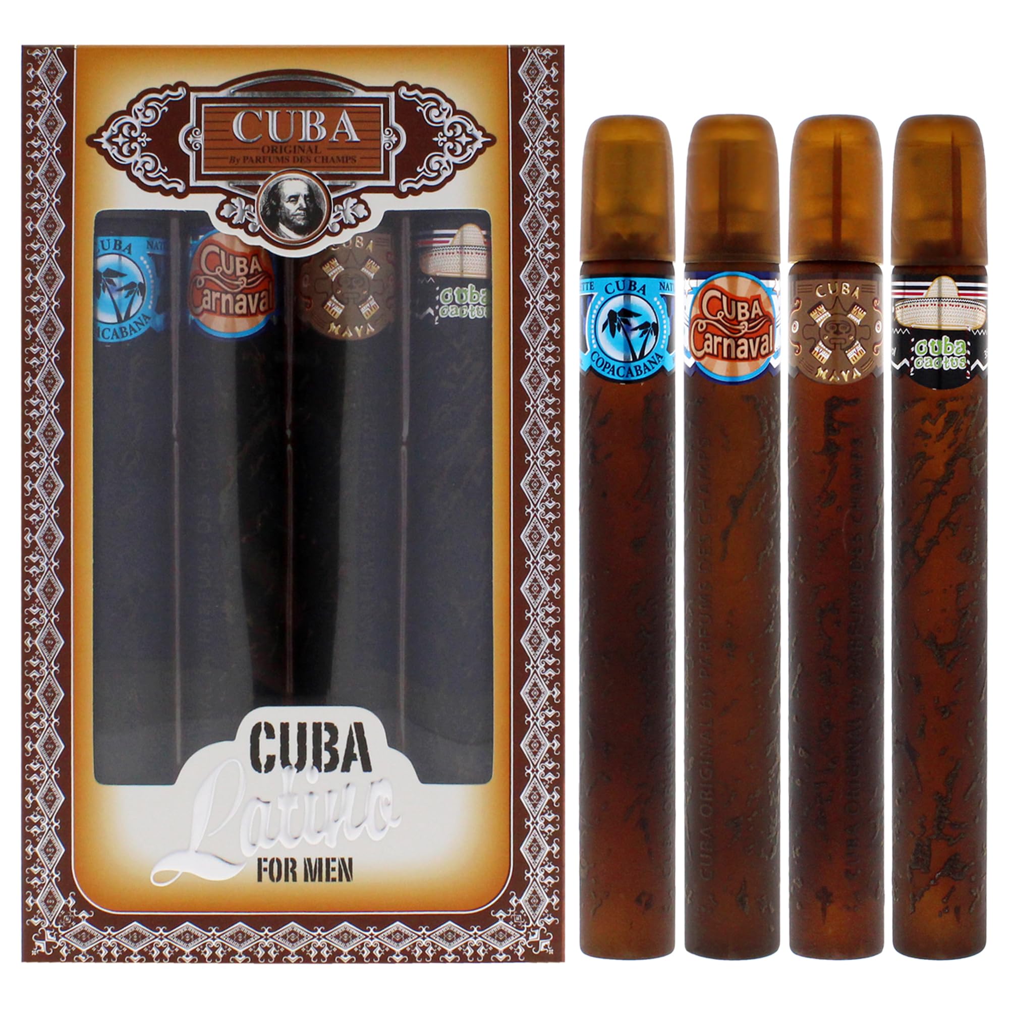 Cuba Latino Collection for Men – 4-Piece Gift Set by Champs (Carnaval, Copacabana, Maya & Cactus) | 1.17 oz EDTs