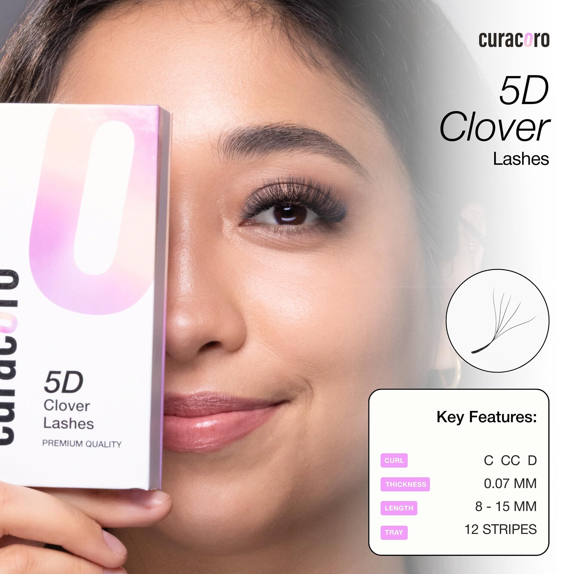 Curacoro 5D Clover Eyelash Extensions – 0.07mm, C/CC/D Curl, 8–15mm Mix & Single Length