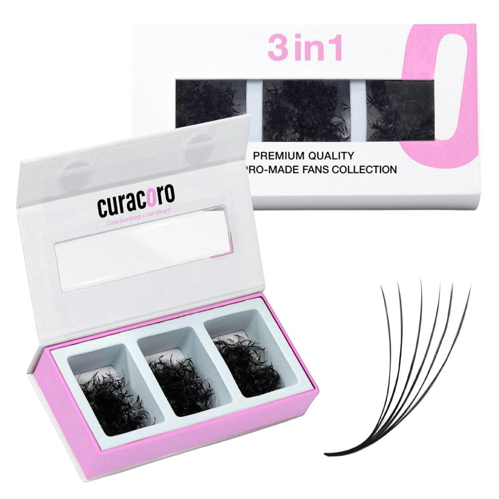 Curacoro Promade Mix 750 Fans – Handmade Volume Lashes, 5D–12D, 0.03–0.1mm, 9–14mm Sizes Box