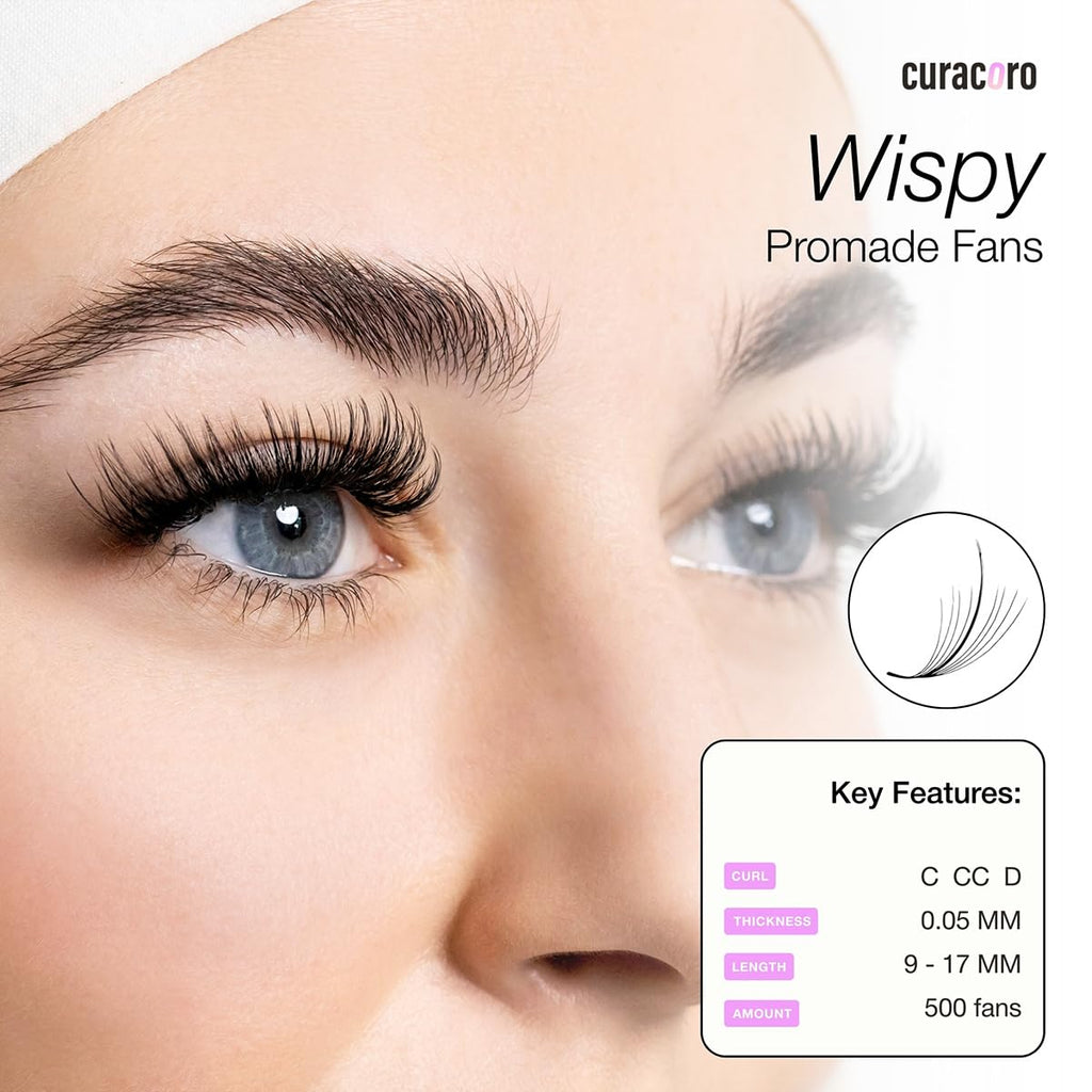 Curacoro Promade Wispy Fans 9D 0.05 Lash Extensions | Handmade Volume Lashes, C CC D Curls, 9–17mm