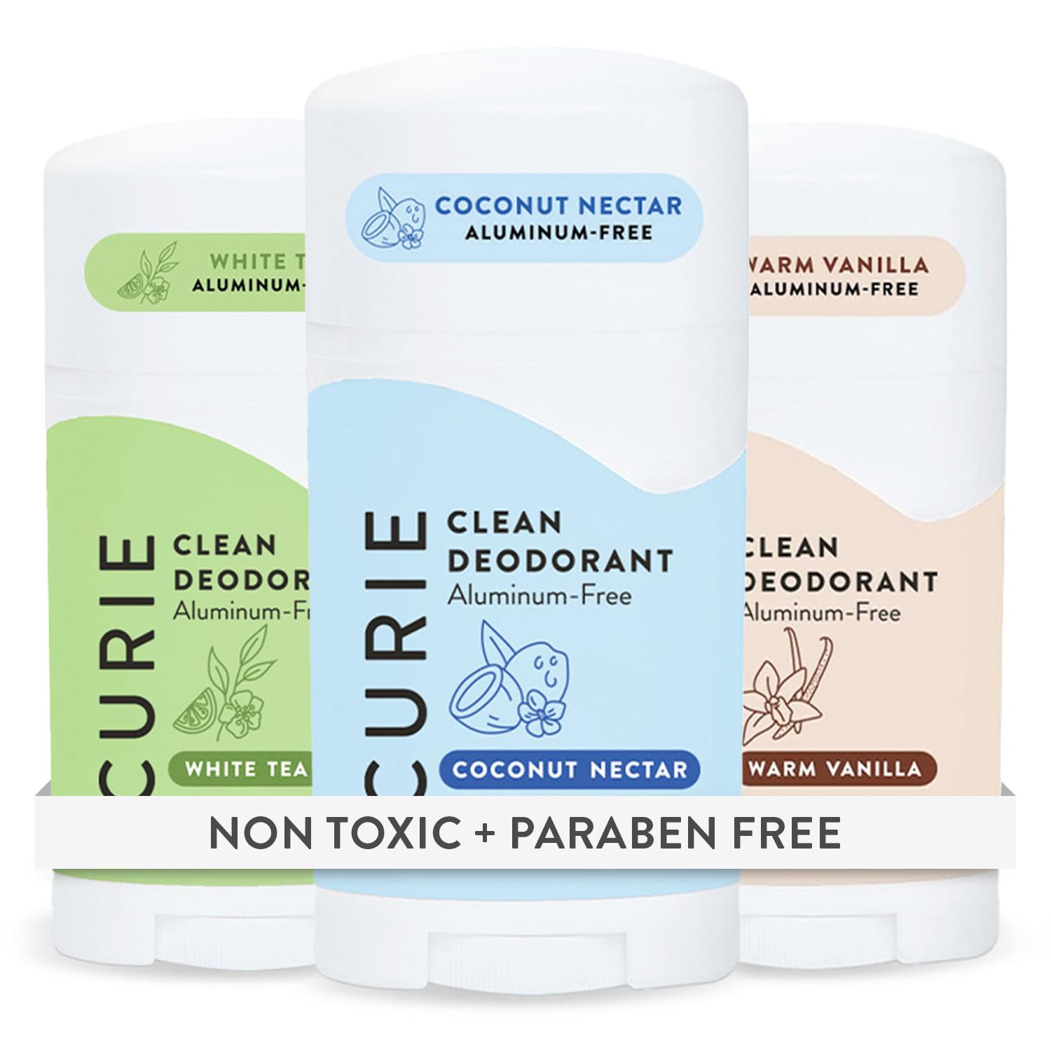 Curie Fresh Faves Aluminum-Free Deodorant Trio for Women – Coconut Nectar, White Tea & Warm Vanilla