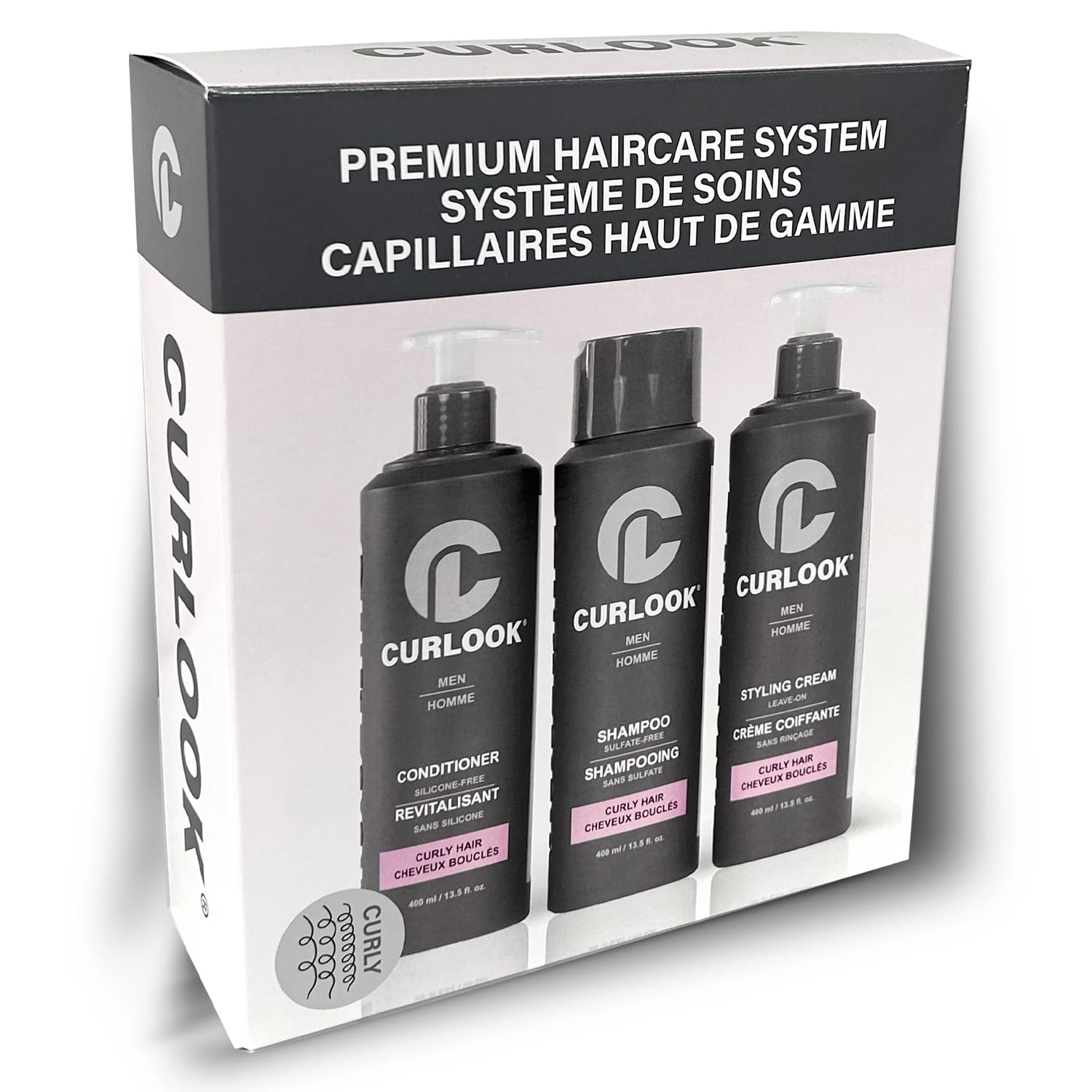 CURLOOK Curly Hair Package – Sulfate-Free, Silicone-Free Shampoo, Conditioner & Leave-In Cream (400ml Each) | Made in Canada