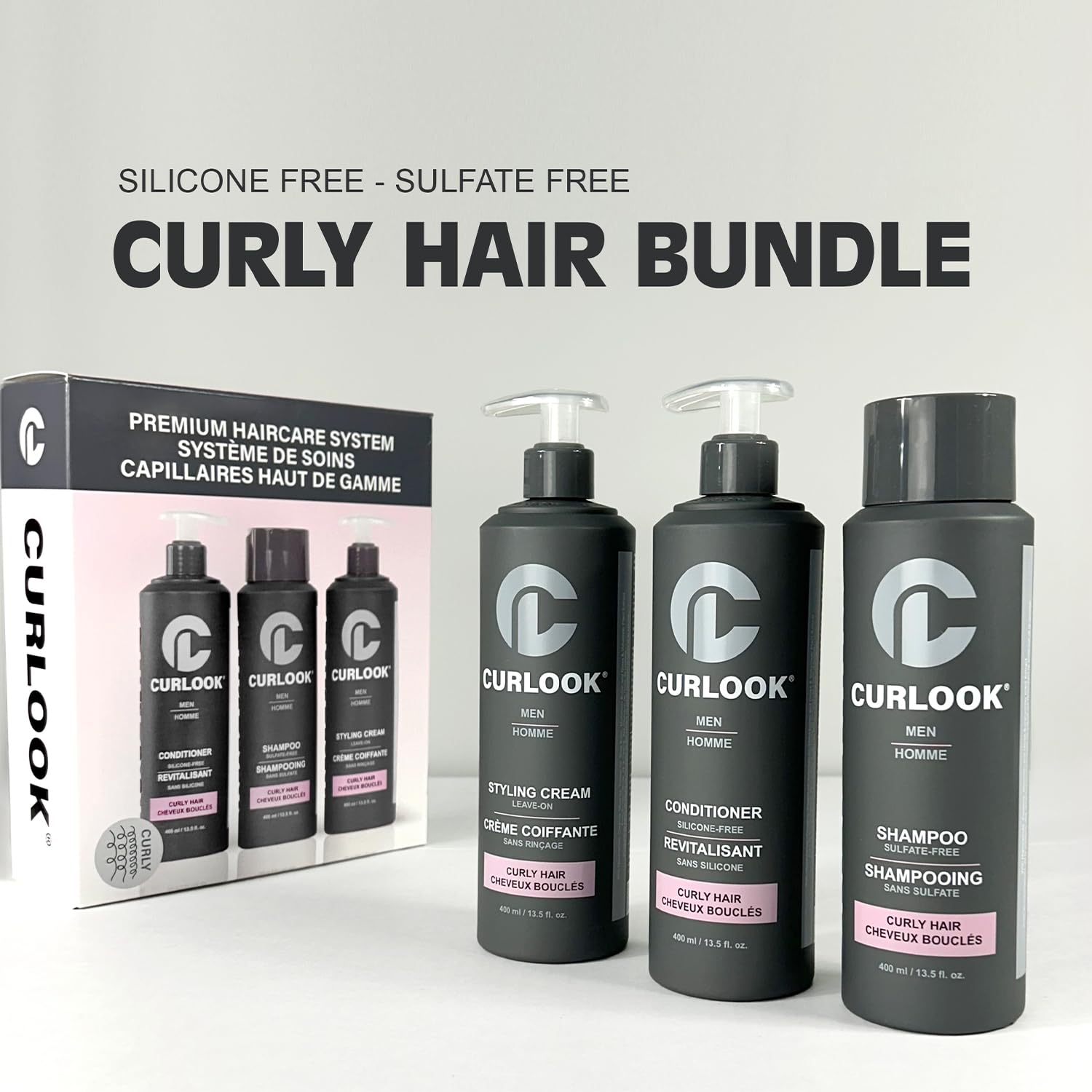 CURLOOK Curly Hair Package – Sulfate-Free, Silicone-Free Shampoo, Conditioner & Leave-In Cream (400ml Each) | Made in Canada