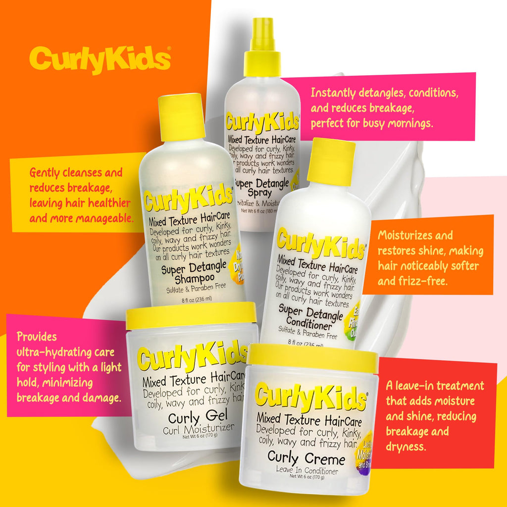 CurlyKids Super Detangle Spray Bundle | Detangler Spray, Shampoo, Conditioner, Gel & Creme for Curly, Frizzy & Wavy Hair