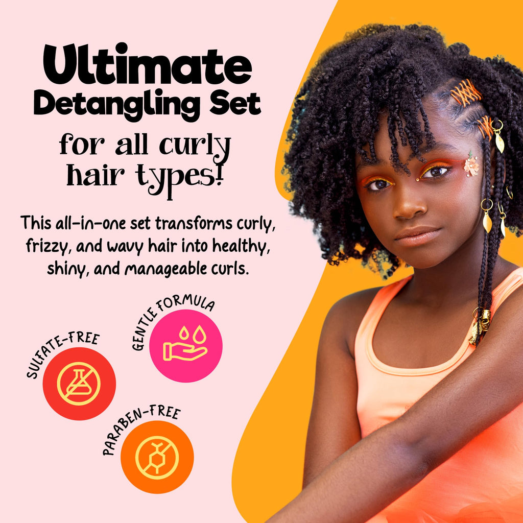 CurlyKids Super Detangle Spray Bundle | Detangler Spray, Shampoo, Conditioner, Gel & Creme for Curly, Frizzy & Wavy Hair