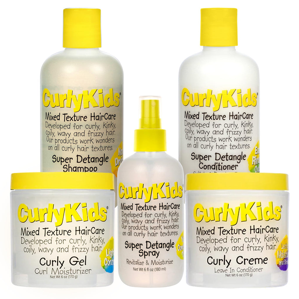CurlyKids Super Detangle Spray Bundle | Detangler Spray, Shampoo, Conditioner, Gel & Creme for Curly, Frizzy & Wavy Hair