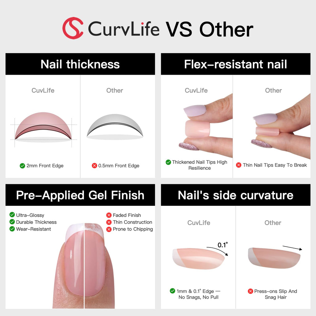 CurvLife Oval French Press On Nails Short – Soft Gel Salon Quality False Nails