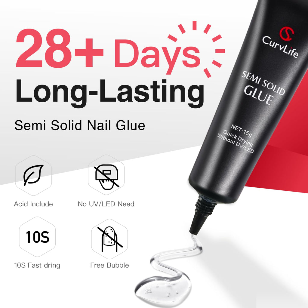 Curvlife 15g Semi-Solid Glue Gel + 20ml Pinpoint Remover Kit – Press-On Nails, Quick Dry, No UV Needed