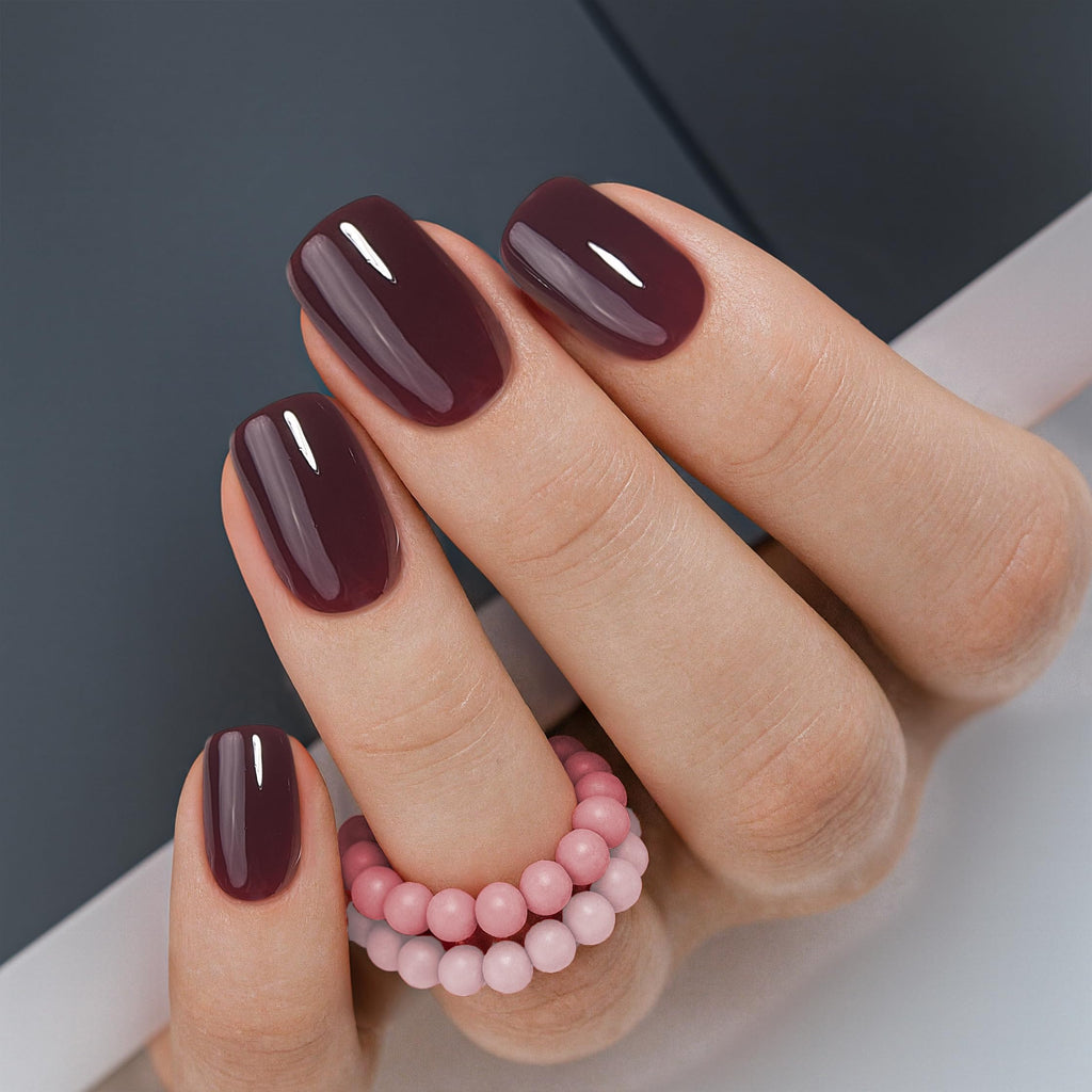 Curvlife Press on Nails Short – Wine Red Design, Acrylic Square Full Cover Kit