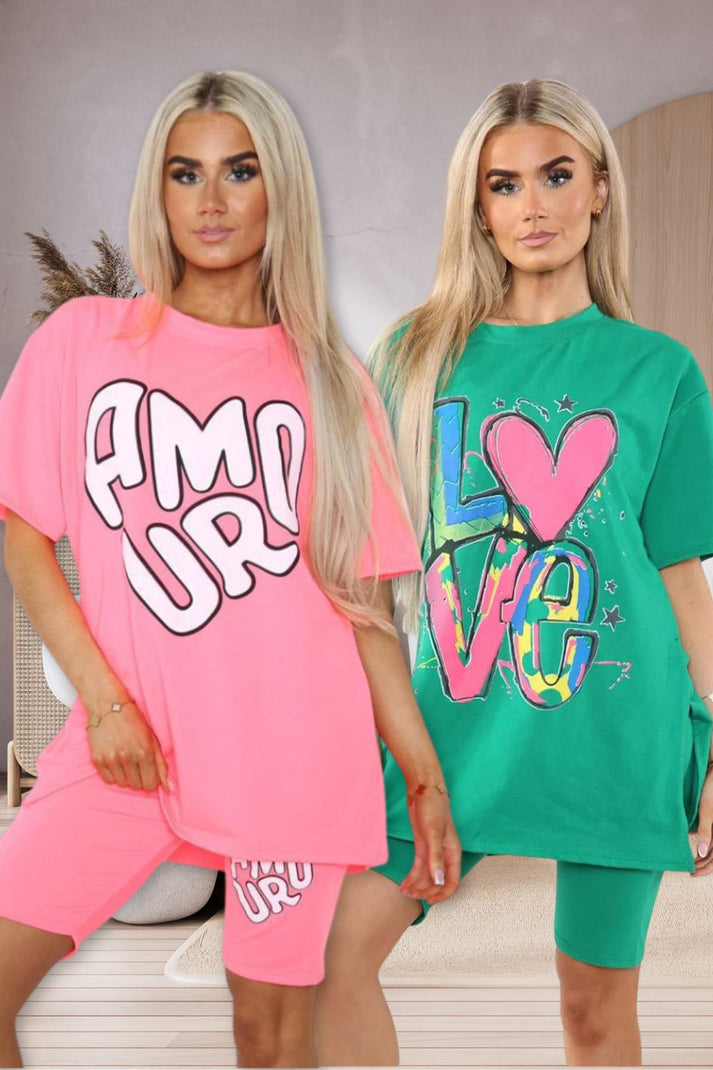 Cycling Short and T-Shirts Co-Ord Two Piece Side Slit Set with Front Printed Slogan
