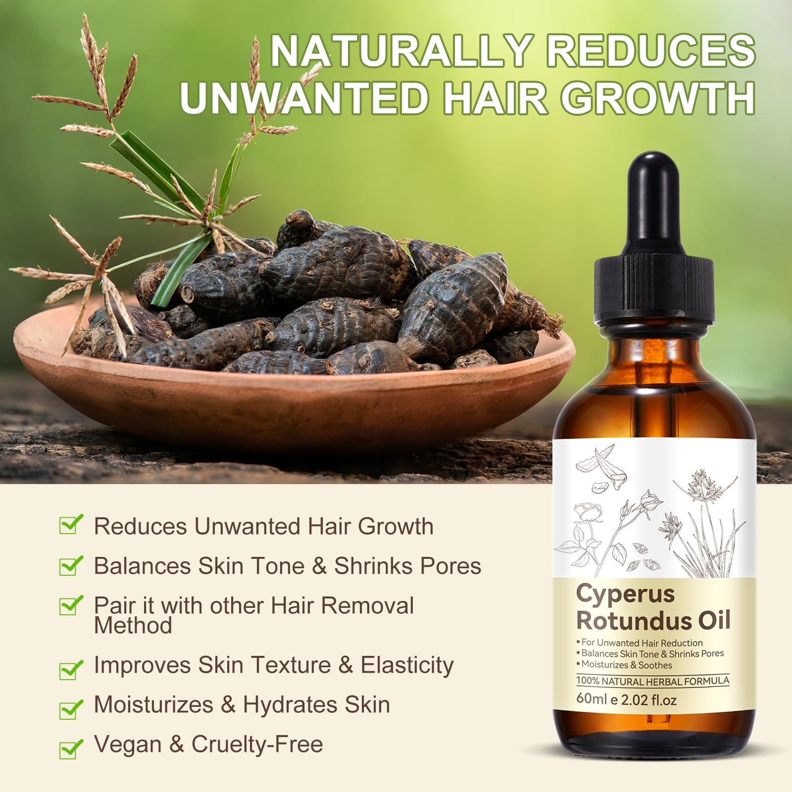 Cyperus Rotundus Oil 2 Pack for Hair Removal - Reduces Body Hair Growth, Moisturizes & Soothes Skin | 4 Fl oz